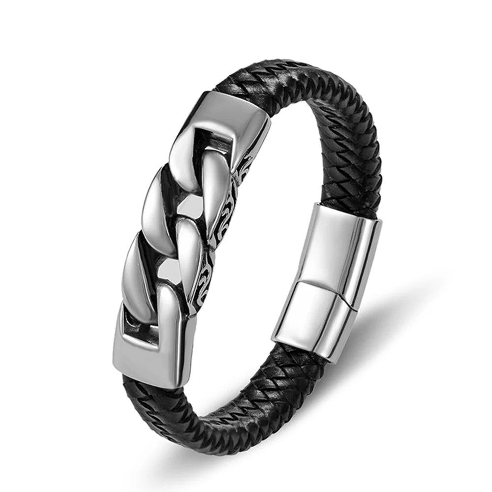 Charm Genuine Leather Black Stainless Steel Magnetic Hk Bracelet Men Birthday Gift for Boy Friend