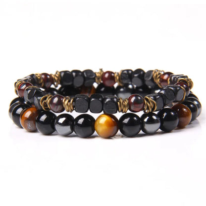 2Pcs Bead Bracelet Men Natural Tiger Eye Hematite Obsidian Beaded Bracelets Homme Energy Stretch Bracelet Men Jewelry