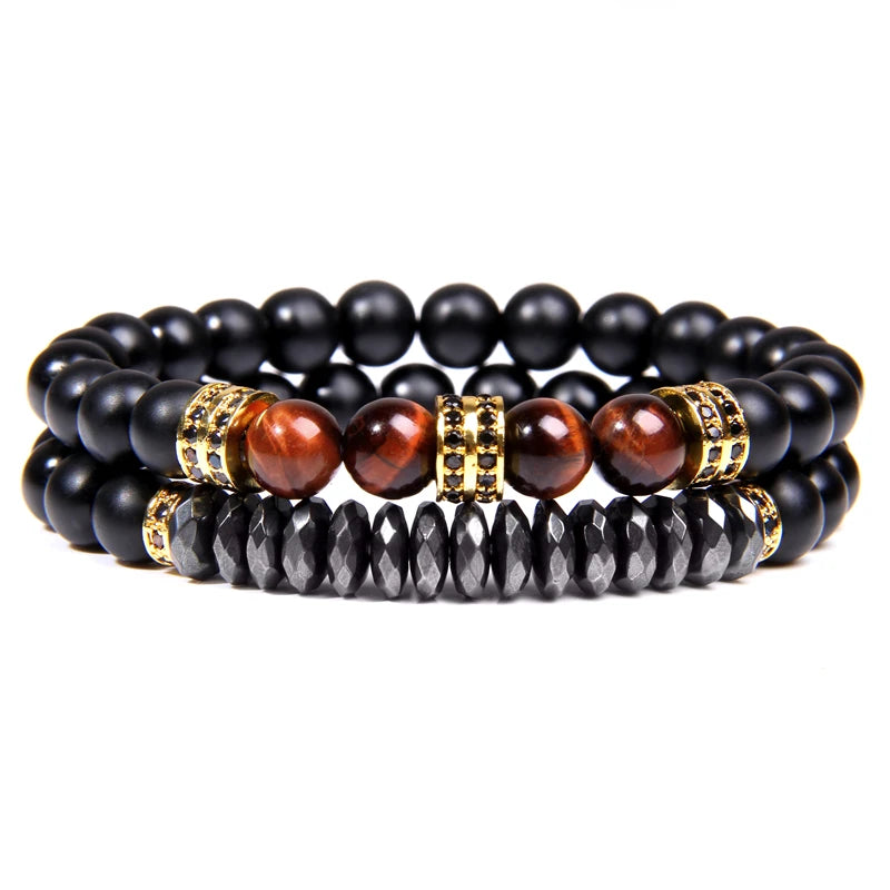 2Pcs Bead Bracelet Men Natural Tiger Eye Hematite Obsidian Beaded Bracelets Homme Energy Stretch Bracelet Men Jewelry