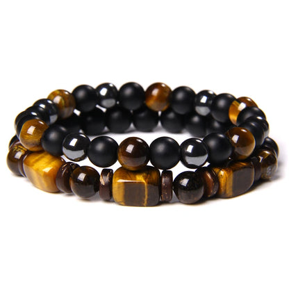 2Pcs Bead Bracelet Men Natural Tiger Eye Hematite Obsidian Beaded Bracelets Homme Energy Stretch Bracelet Men Jewelry