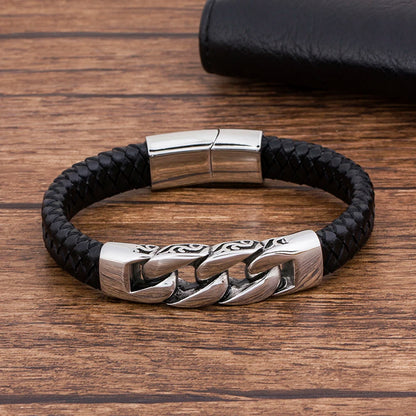 Charm Genuine Leather Black Stainless Steel Magnetic Hk Bracelet Men Birthday Gift for Boy Friend