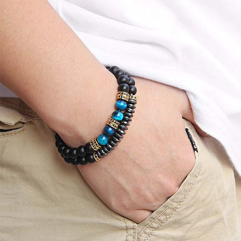 2Pcs Bead Bracelet Men Natural Tiger Eye Hematite Obsidian Beaded Bracelets Homme Energy Stretch Bracelet Men Jewelry