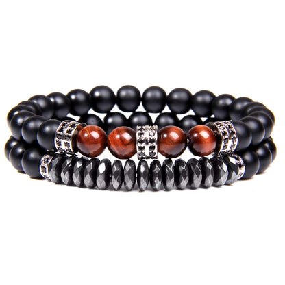 2Pcs Bead Bracelet Men Natural Tiger Eye Hematite Obsidian Beaded Bracelets Homme Energy Stretch Bracelet Men Jewelry
