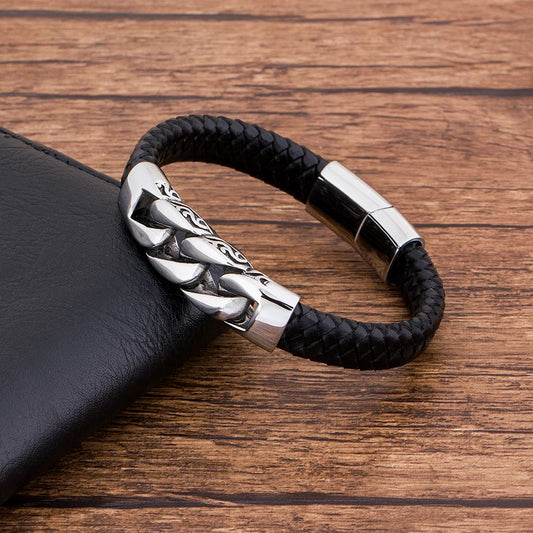 Charm Genuine Leather Black Stainless Steel Magnetic Hk Bracelet Men Birthday Gift for Boy Friend