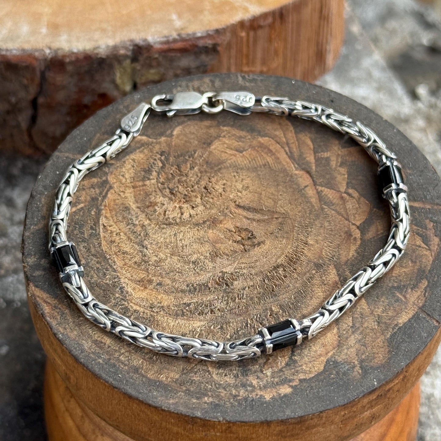925 Silver Emerald Stone King Chain Bracelet, Gemstone Byzantine 5MM Chain Bracelet, Bali Chain Bracelet, Men Solid Sterling Silver Chain