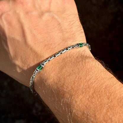 925 Silver Emerald Stone King Chain Bracelet, Gemstone Byzantine 5MM Chain Bracelet, Bali Chain Bracelet, Men Solid Sterling Silver Chain