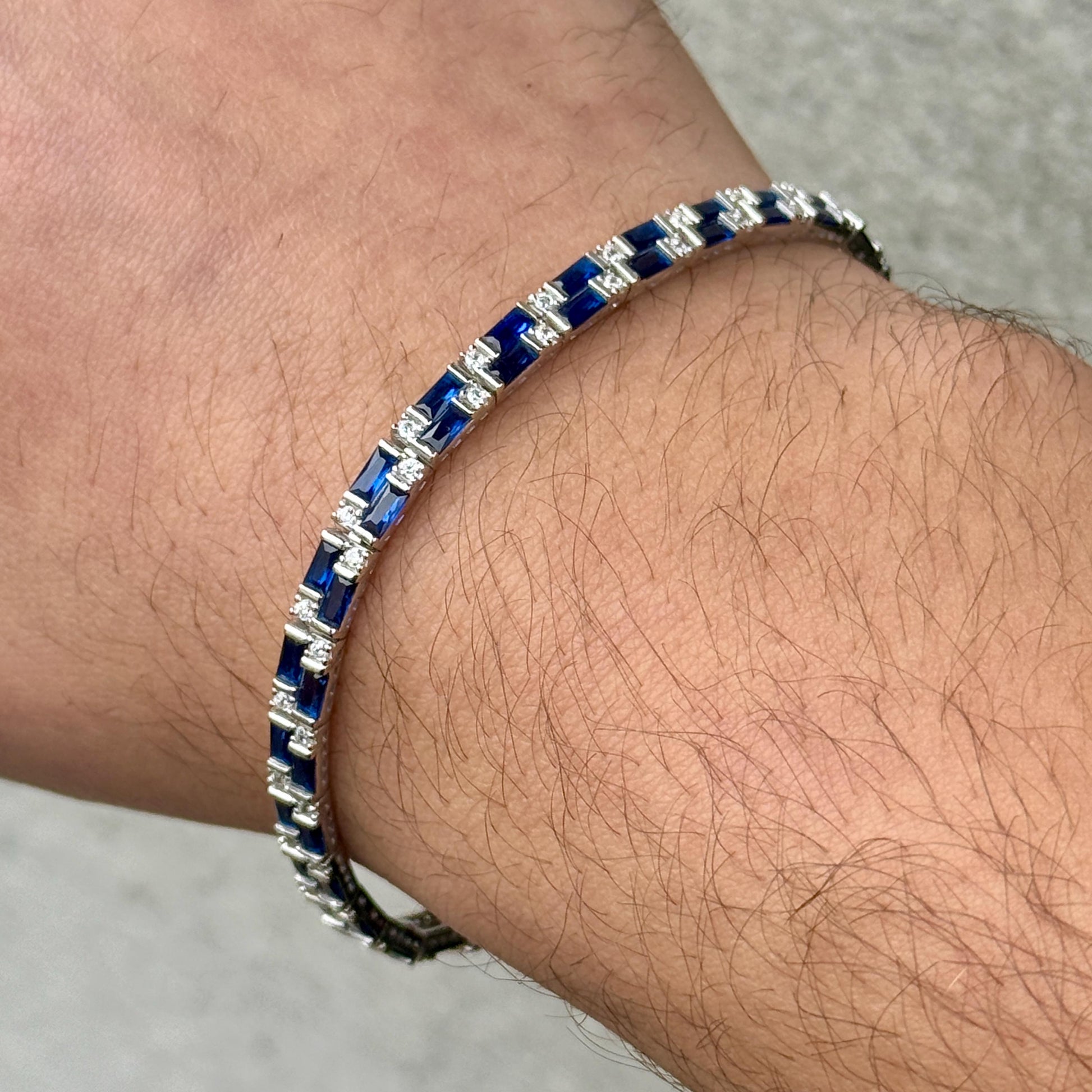 Silver Sapphire Bracelet, Men Luxury Blue Sapphire Tennis Bracelet, Elegant Sapphire Tennis Bracelet, Bracelet for Men, Square Cut Bracelet