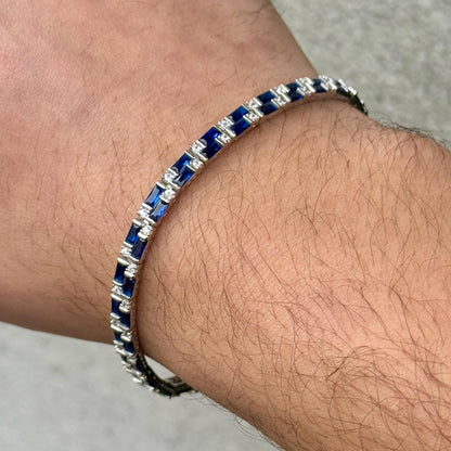 Silver Sapphire Bracelet, Men Luxury Blue Sapphire Tennis Bracelet, Elegant Sapphire Tennis Bracelet, Bracelet for Men, Square Cut Bracelet