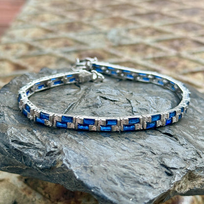 Silver Sapphire Bracelet, Men Luxury Blue Sapphire Tennis Bracelet, Elegant Sapphire Tennis Bracelet, Bracelet for Men, Square Cut Bracelet